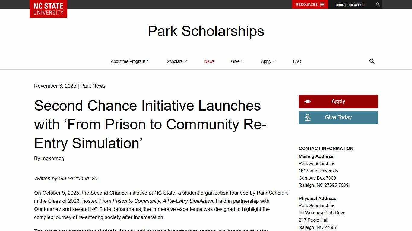 Second Chance Initiative Launches with 'From Prison to Community Re-Entry Simulation' - Park Scholarships %