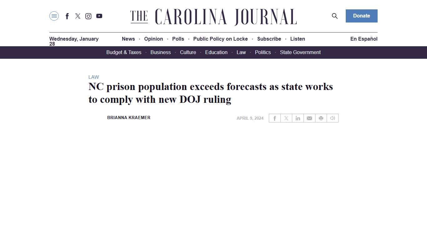 NC prison population exceeds forecasts as state works to comply with new DOJ ruling